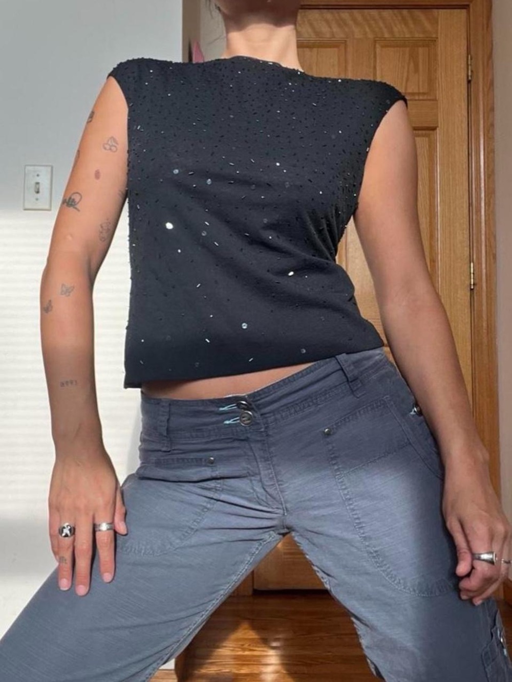 Vintage High Neck Tank / Cap Sleeve Blouse - Sequined Midnight Blue